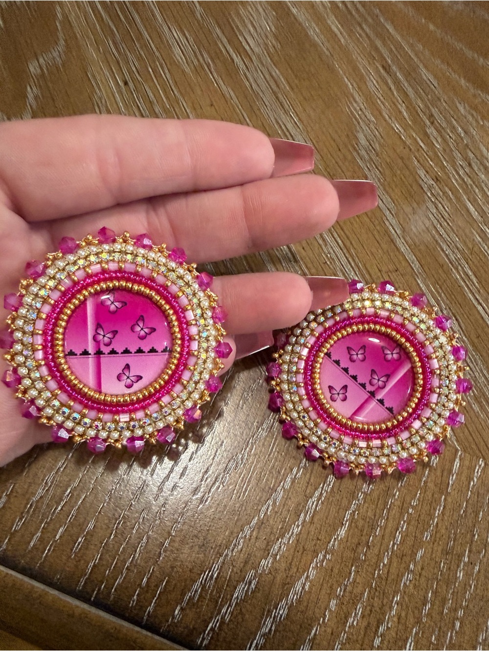 Pink Beaded Round Statement Earrings with Gold Accents - Picture 3 of 4
